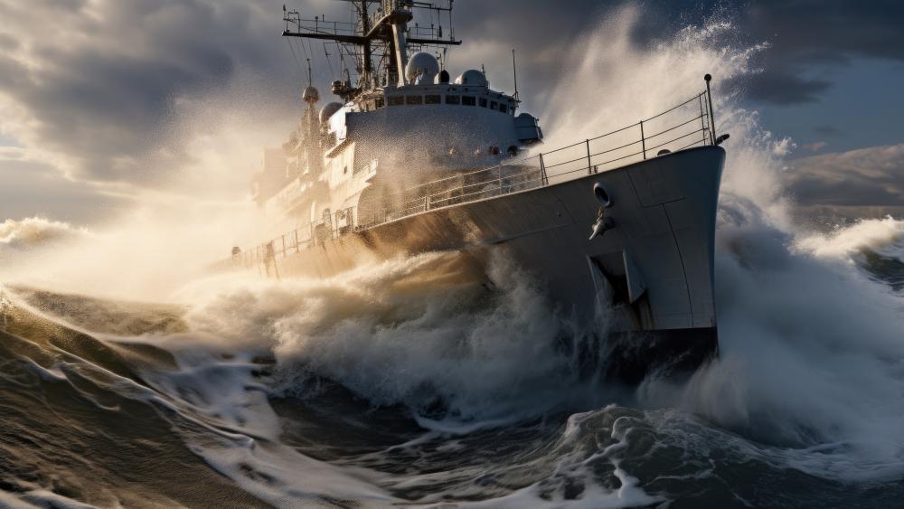 Stormy Seas Commanding Presence of a Mighty Warship wallpaper