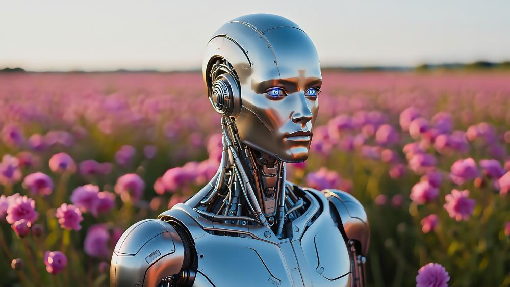 Futuristic Humanoid Robot in Blooming Fields wallpaper