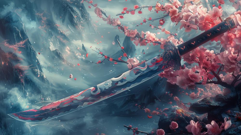 Katana of Blossoms and Mist wallpaper