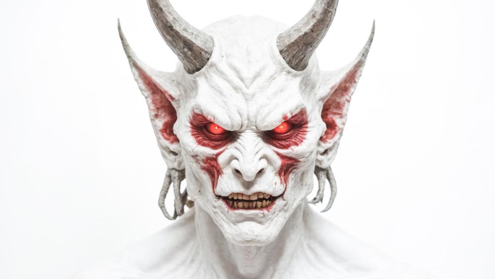 Horned Demon with Glowing Red Eyes in 5K Detail wallpaper