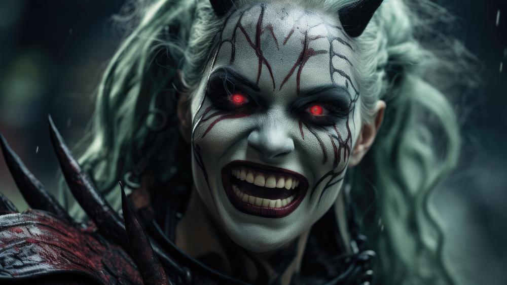 Gothic Demoness with Fiery Eyes in 4K Fantasy Art wallpaper