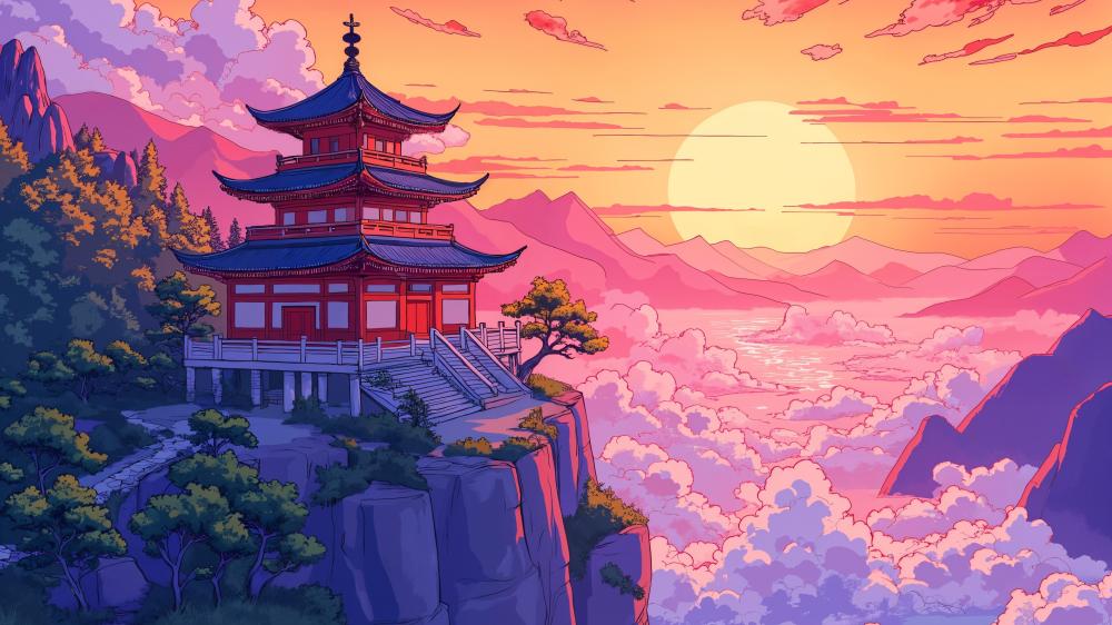 Pagoda at Sunset in Anime Style wallpaper