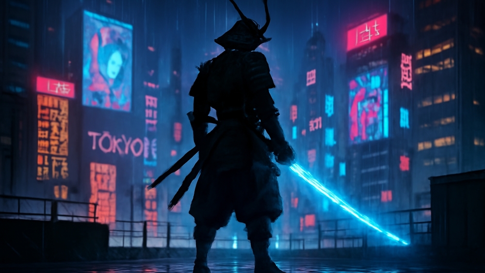 Cyberpunk Samurai in Neon Tokyo Night wallpaper