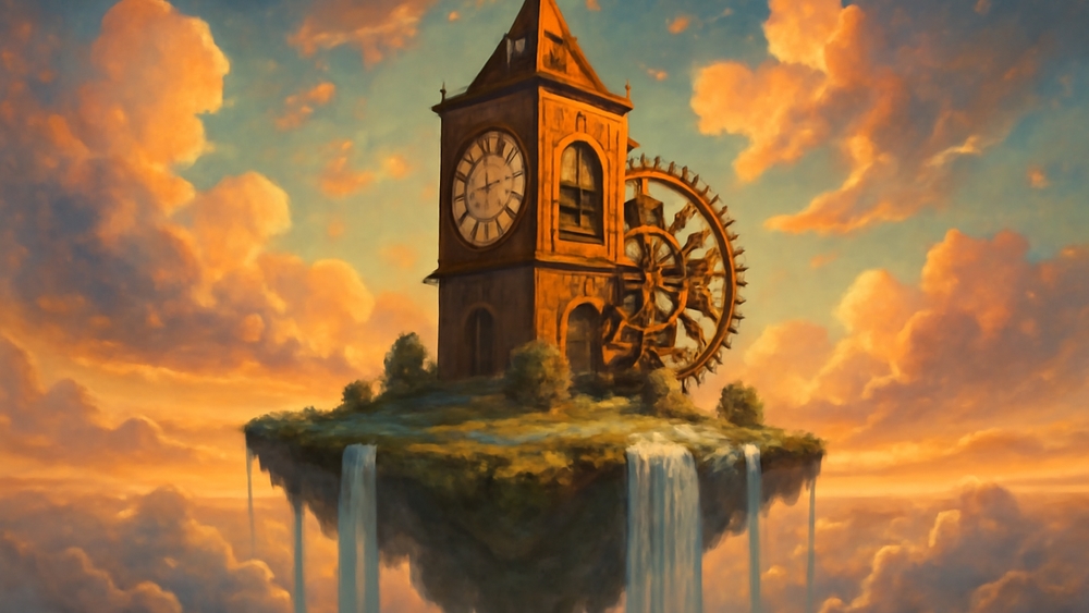 Floating Clock Tower on a Mystical Island wallpaper
