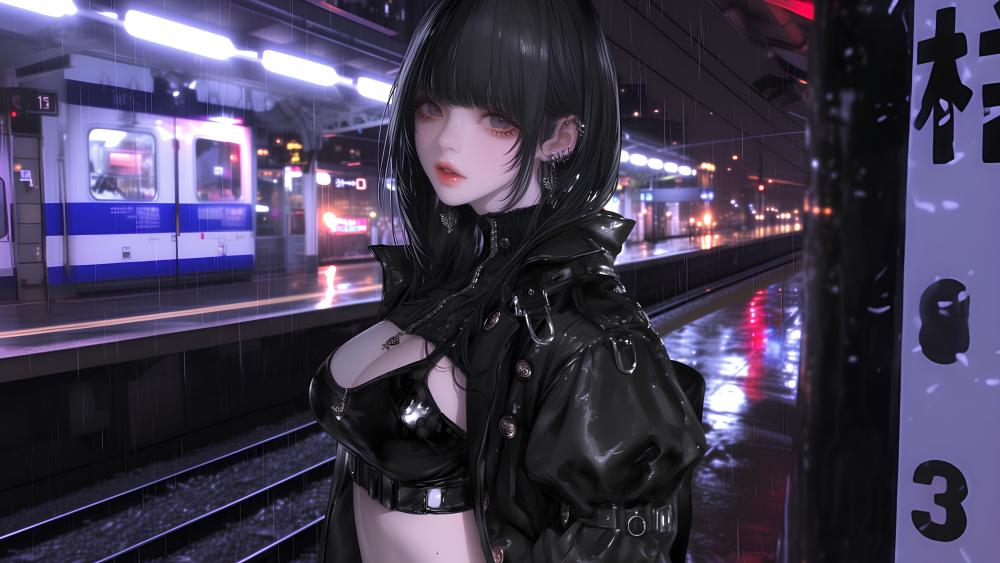 Gothic Elegance in Rainy Train Station Scene wallpaper