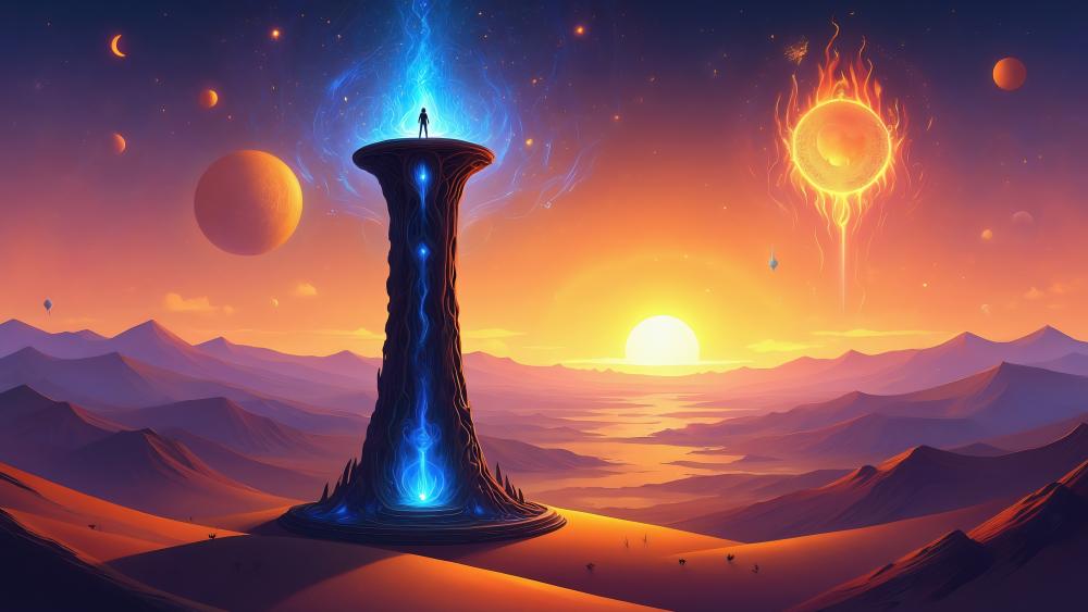 Man on the Tower in a Surreal Alien Landscape wallpaper