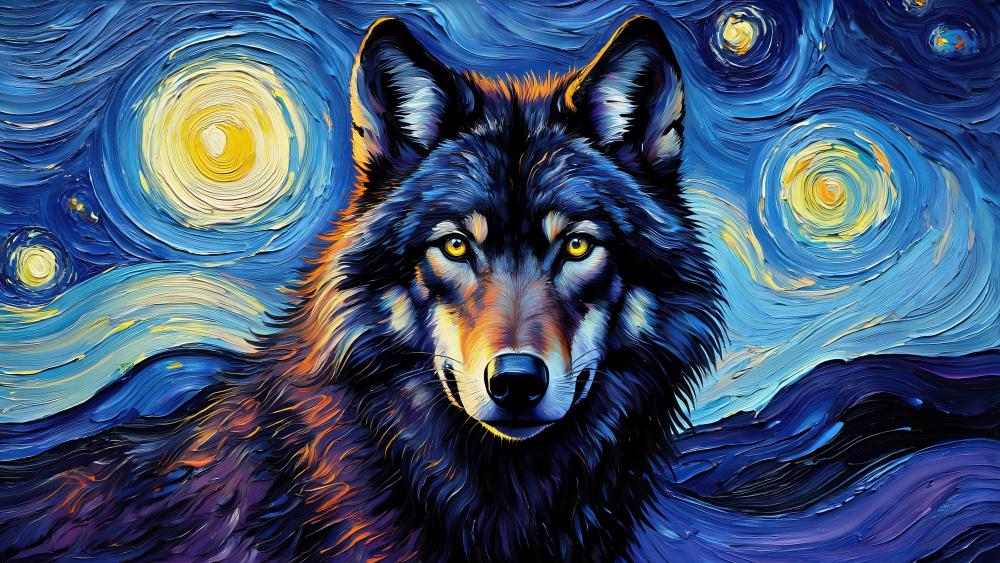 Wolf in Enchanted Starry Night Landscape wallpaper