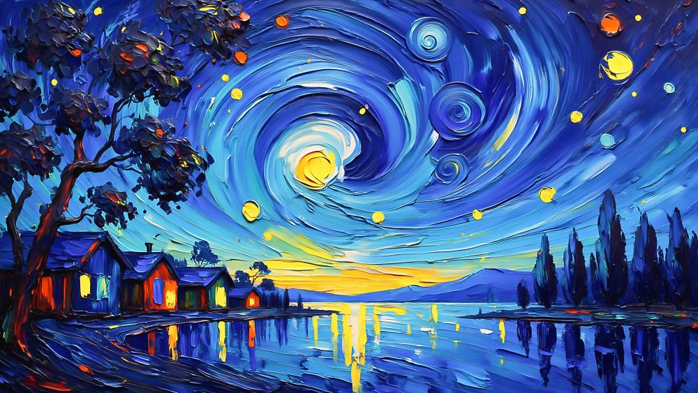 Starry Dawn Over Serene Waters in Van Gogh Style wallpaper