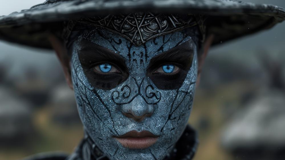 Mystical Blue-Eyed Gothic Mask Creation wallpaper