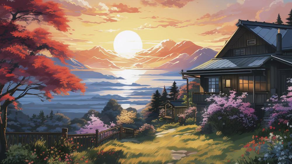 Anime Sunrise Dreamscape: A Serene Garden Escape wallpaper