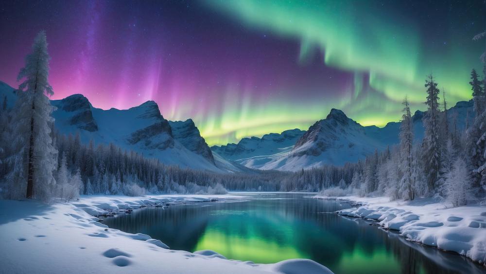 Snowy Peaks Under Dancing Aurora wallpaper