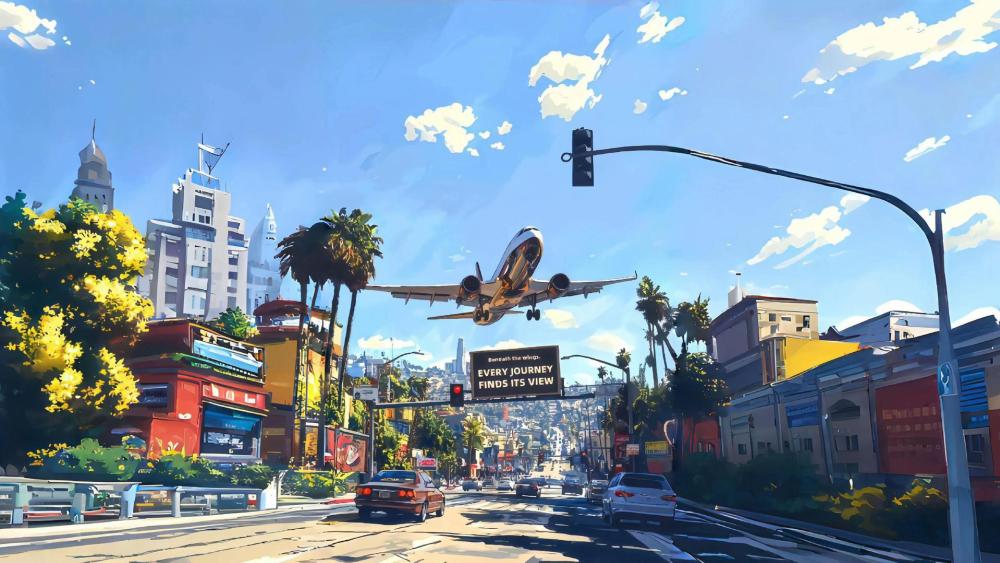 Anime Cityscape Adventure Awaits with Airbus in Flight wallpaper