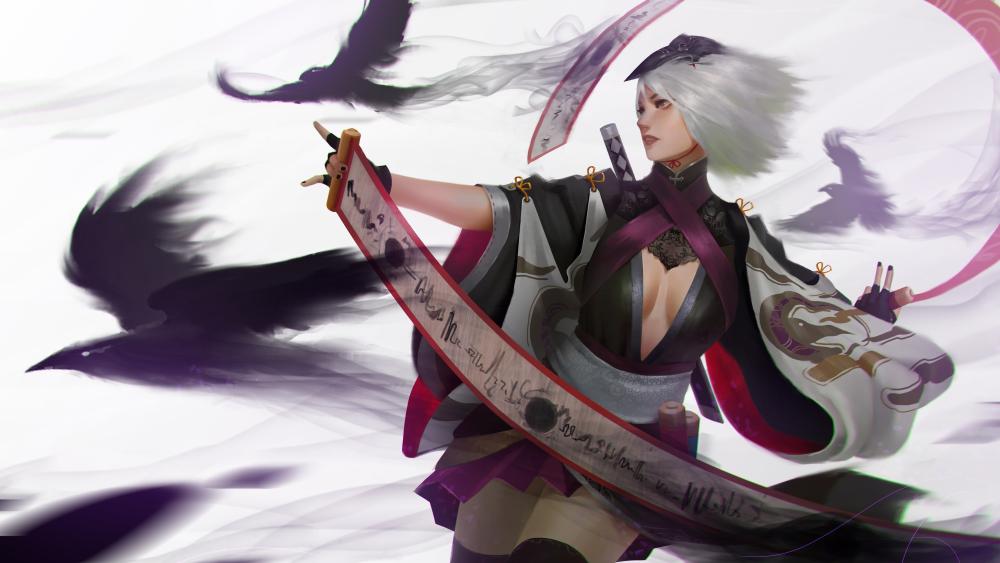White-Haired Warrior Amidst Dark Ravens wallpaper