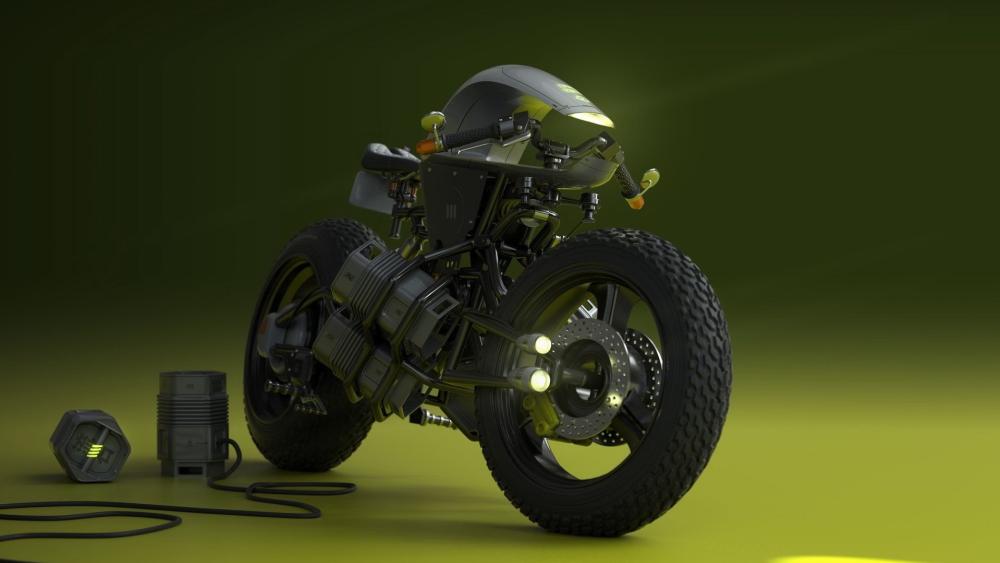 Futuristic Dual-Sport Motorcycle in Green Hue wallpaper