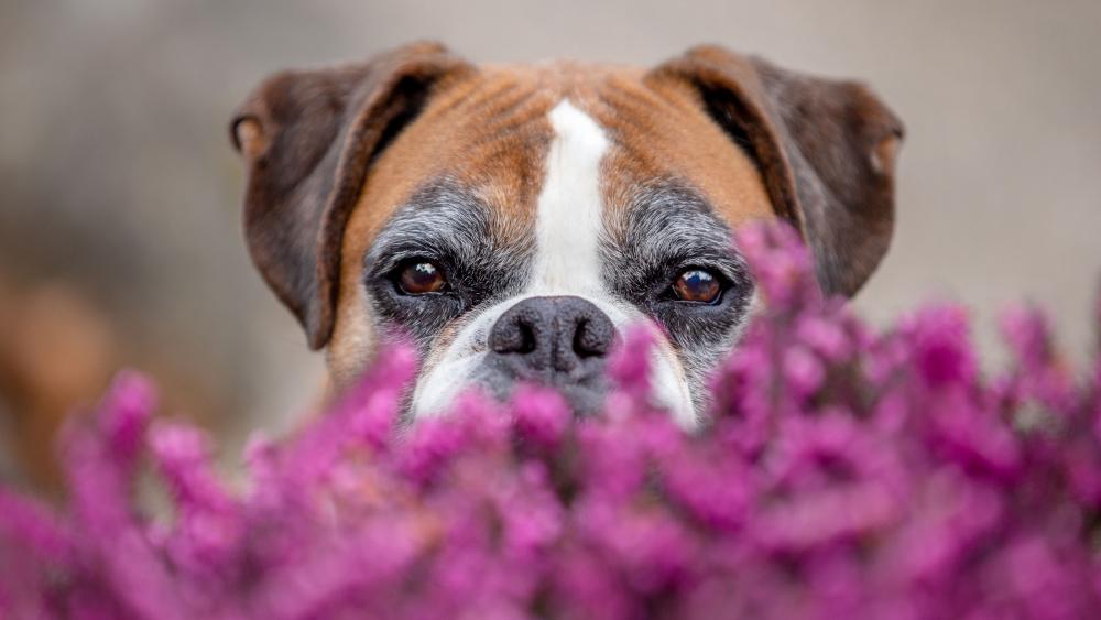 Boxer Dog Peek-A-Boo in Blooming Heather wallpaper