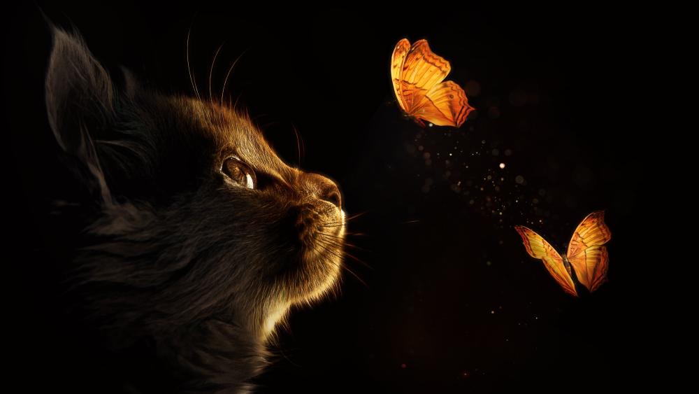 Cat Staring at Shiny Butterfly Wallpaper wallpaper