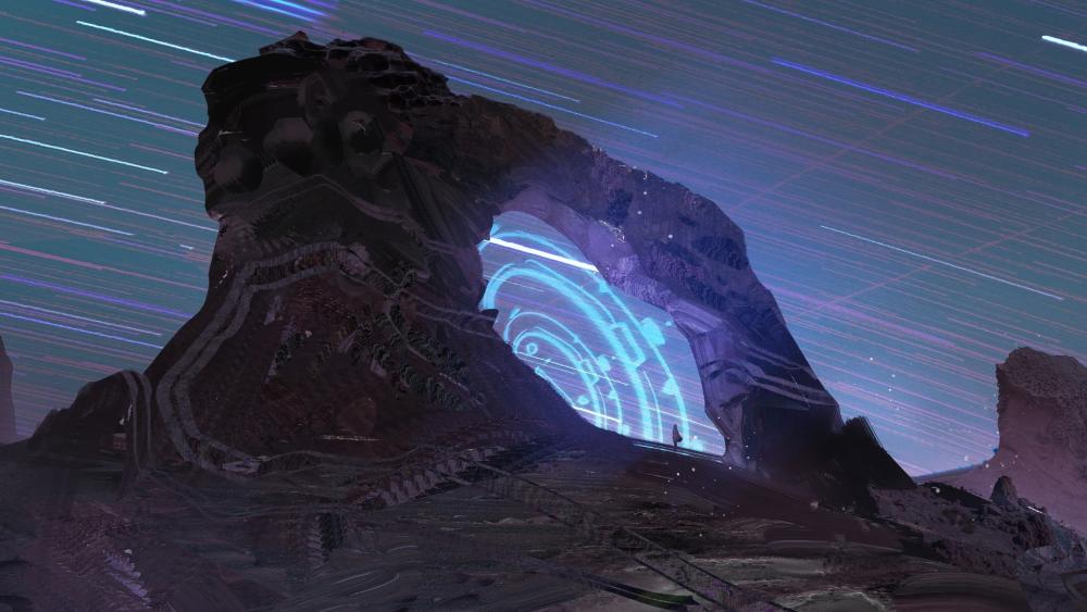 Star-Touched Portal Amidst Cosmic Trails wallpaper