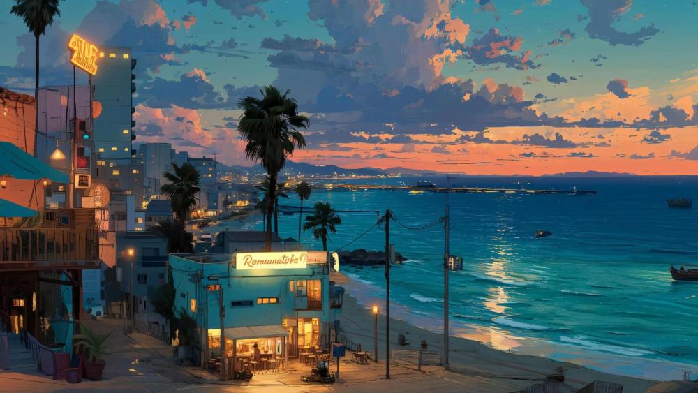Sunset Serenity Anime Coastline Scene wallpaper
