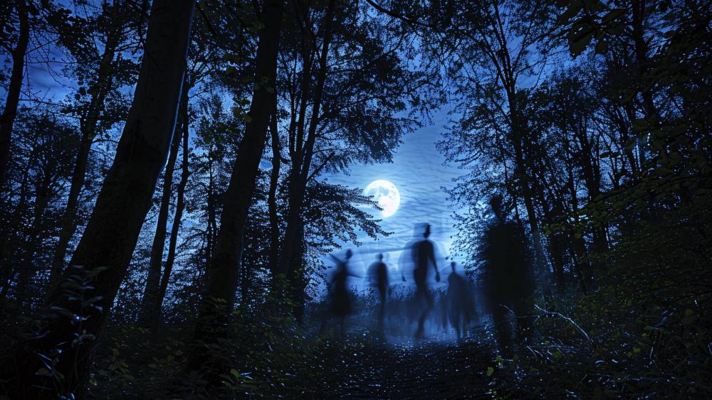 Moonlit Specters in the Aokigahara Forest wallpaper