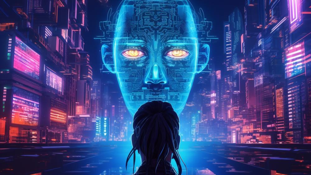 Futuristic Vision in Neon Cityscape wallpaper