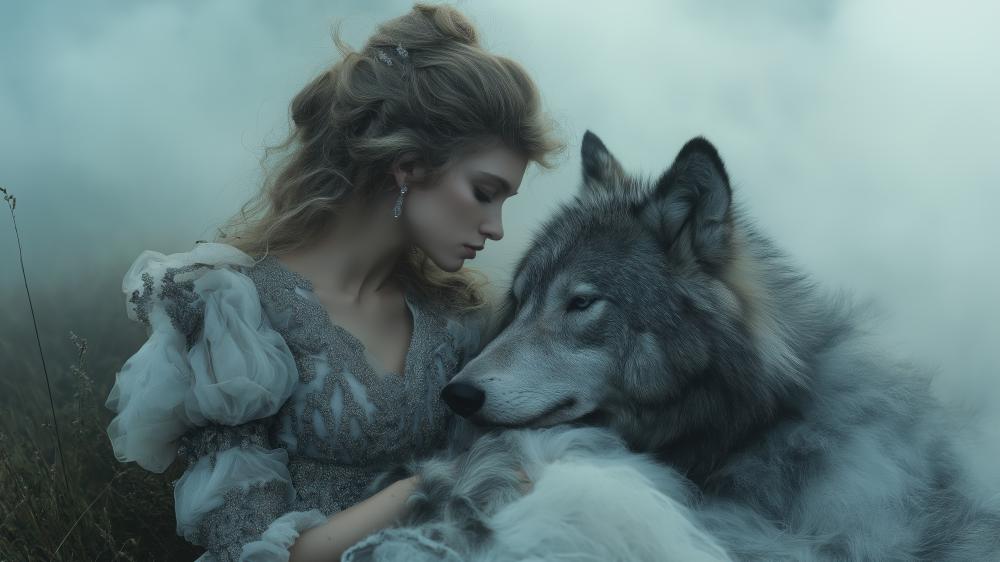 Enchanted Bond: Woman and Wolf in Dreamscape wallpaper