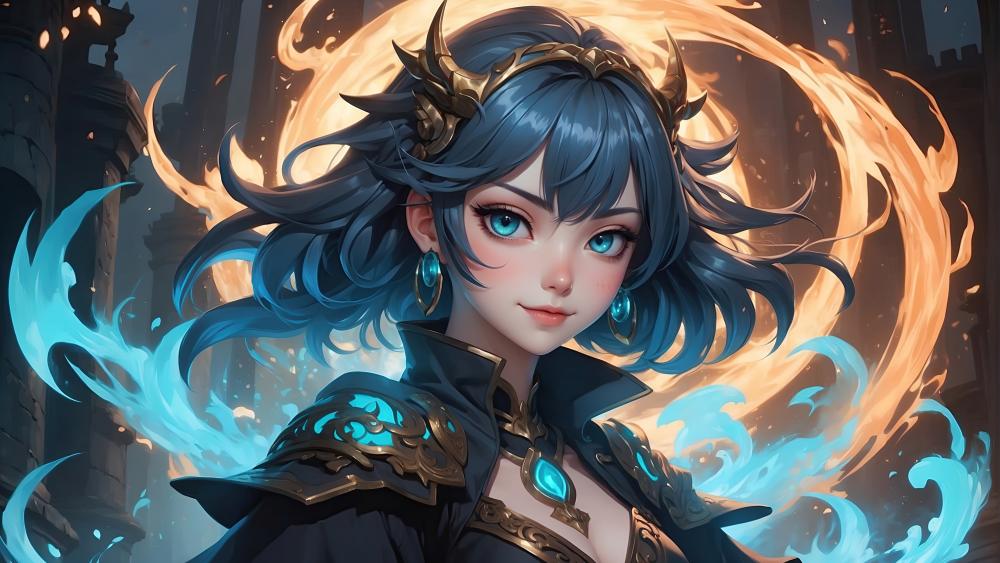 Mystical Anime Girl with Fiery Aura wallpaper