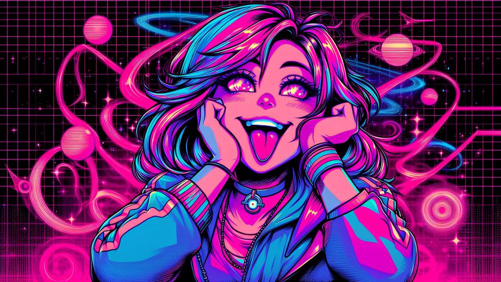 Neon Dreamscape Anime Girl in Retro Futurism wallpaper