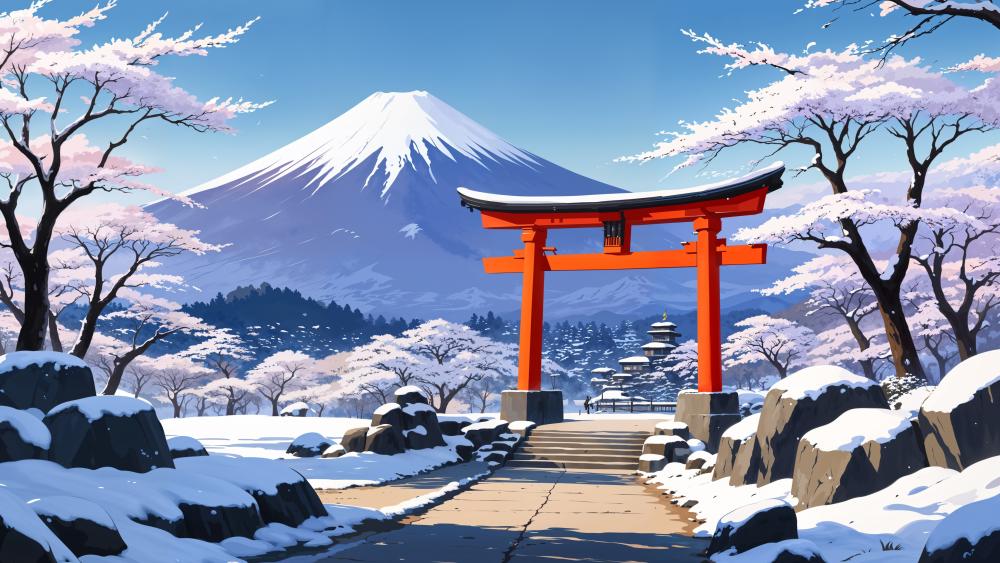 Torii Gate in Snowy Mount Fuji Landscape wallpaper