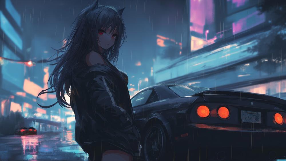 Anime Night Drive in the Rain wallpaper