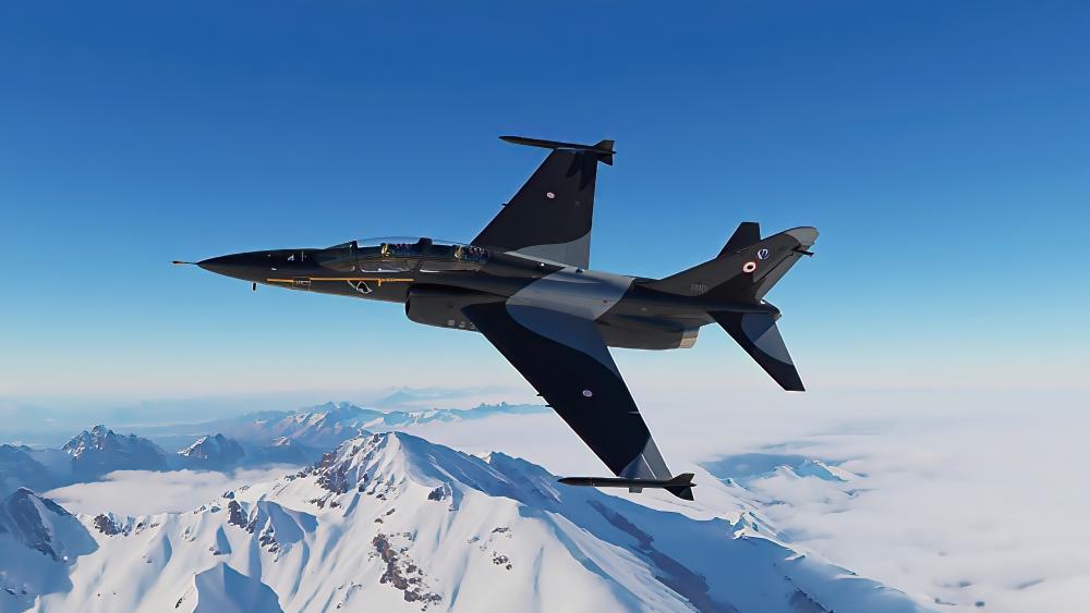 Jet Fighter Ascend Over Snowy Peaks wallpaper