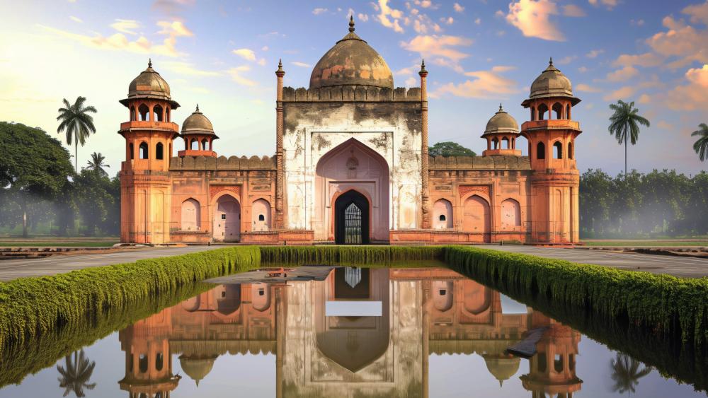 Timeless Serenity Reflecting in Majestic Architecture wallpaper