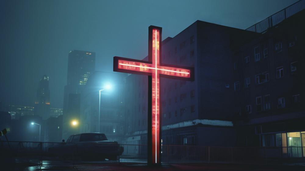 Neon Cross Illuminates the Night Sky wallpaper