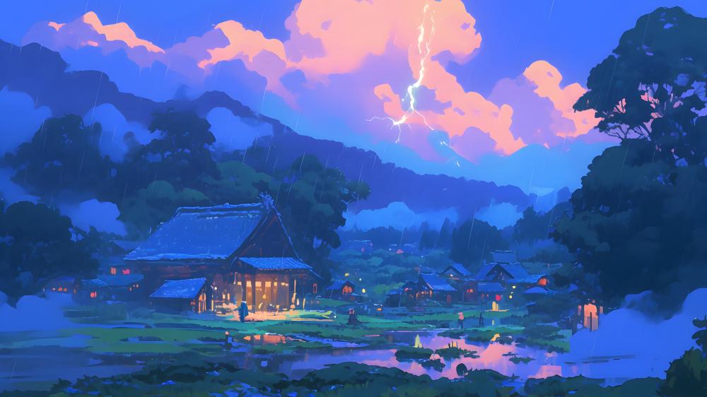 Lightning Strikes Over a Tranquil Anime Village wallpaper