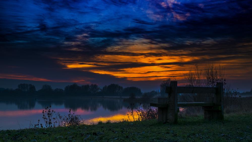 Twilight Serenity by the Lakeside Bench wallpaper