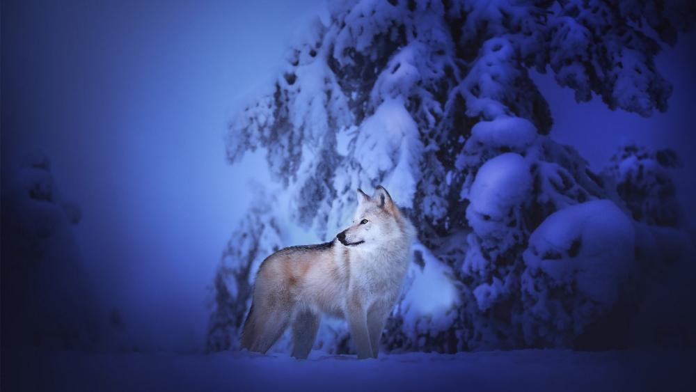 Winter Wolf in Snowy Twilight wallpaper