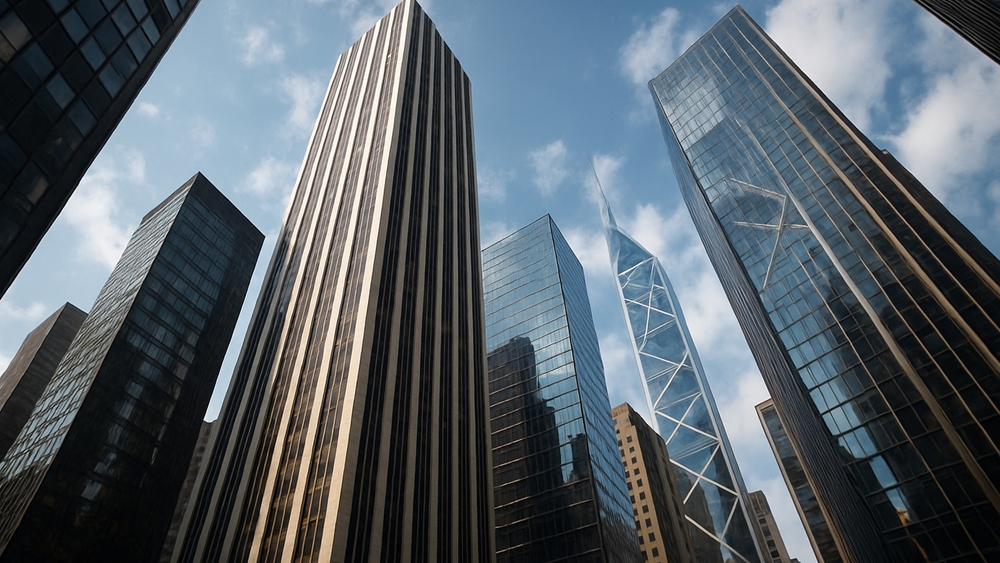 Skyscrapers Reaching for the Sky in a Futuristic Metropolis wallpaper