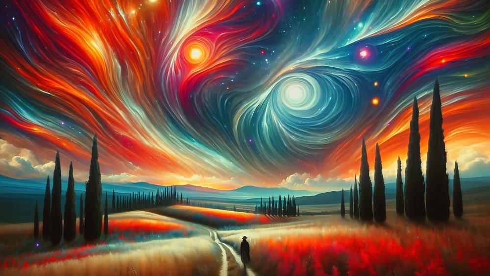 Cosmic Dance Over Serene Landscape wallpaper