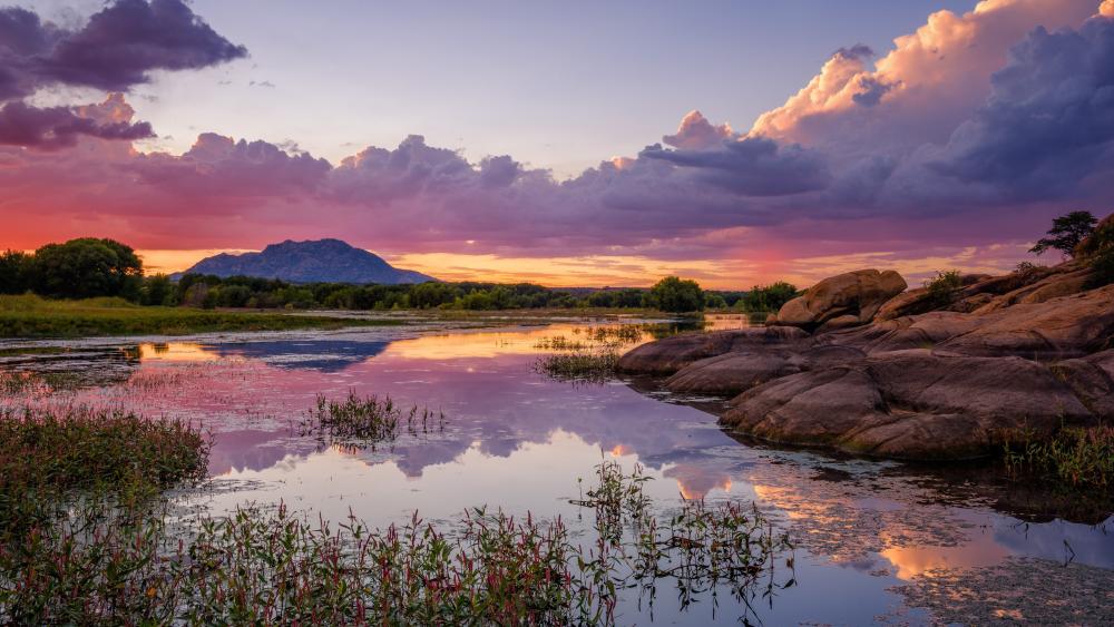 Sunset Serenity by the Tranquil Lake wallpaper