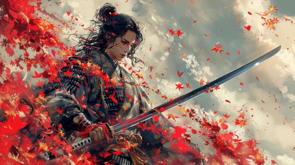 Samurai Autumn Blade in Anime Style wallpaper