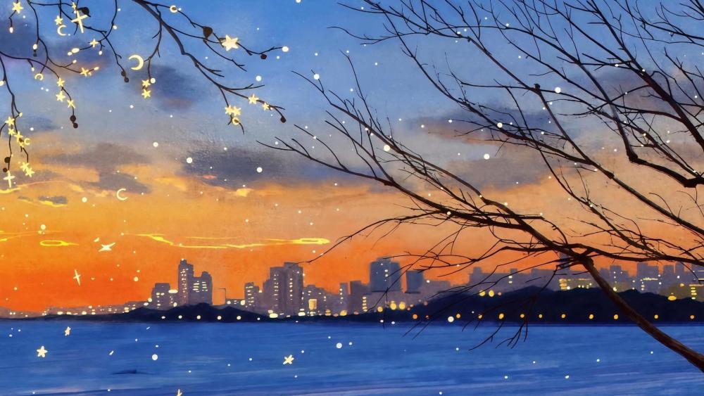 Anime Cityscape at Dusk with Starry Accents wallpaper
