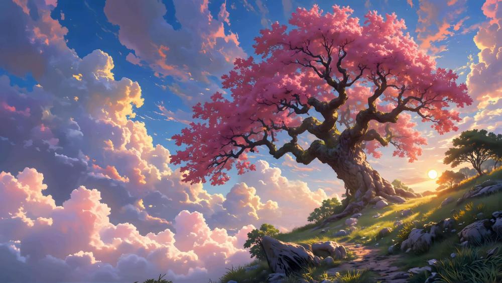 Enchanting Pink Blossom Fantasy Landscape wallpaper