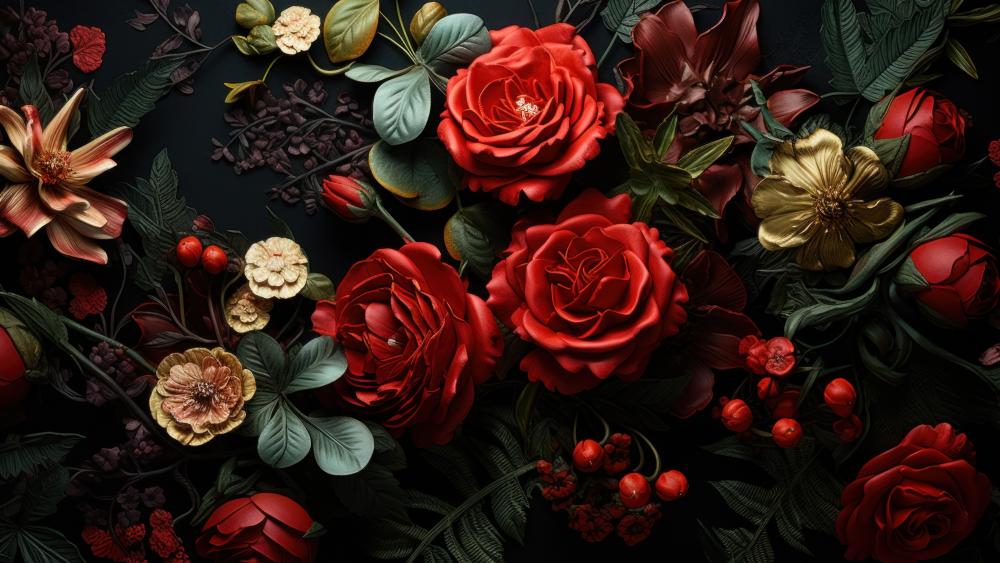 Floral Elegance in Deep Red and Gold wallpaper