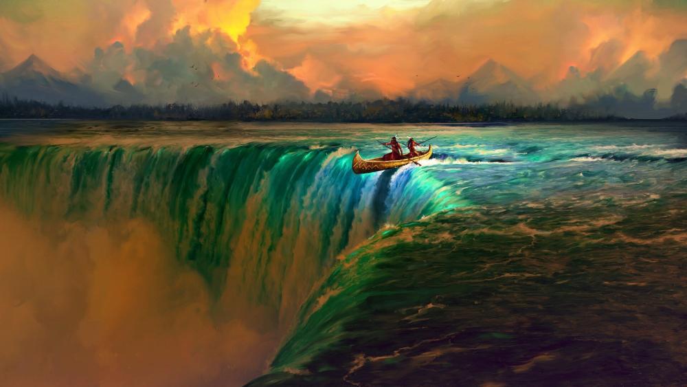 Perilous Canoe Adventure in Majestic Rapids wallpaper