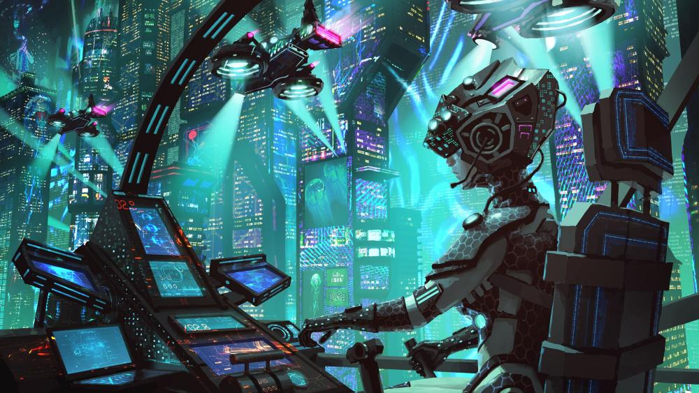 Futuristic Cyborg Operator in Neon Cityscape wallpaper