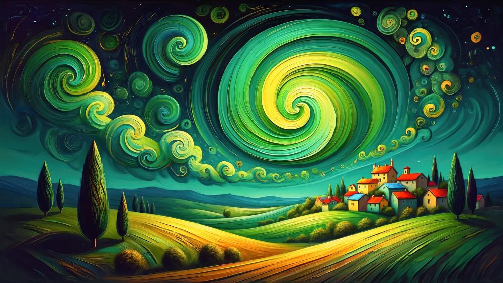 Whirling Skies Over Enchanted Village wallpaper