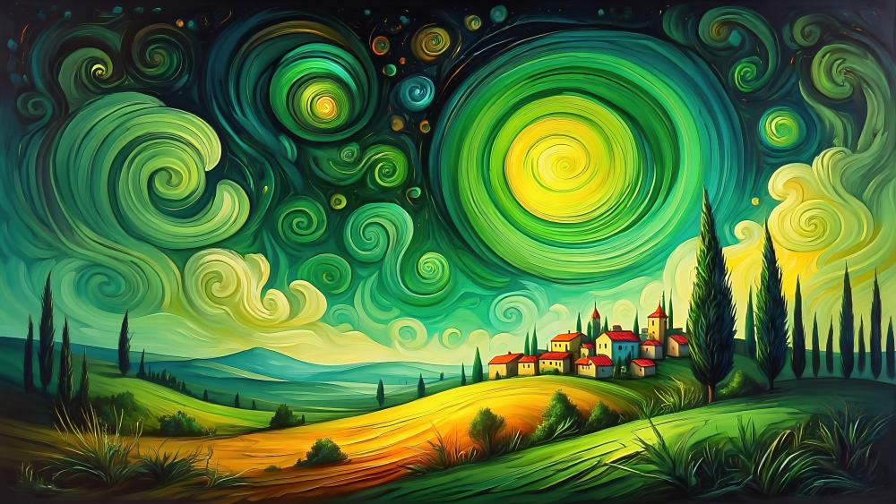 Whimsical Swirls Over Enchanted Village wallpaper