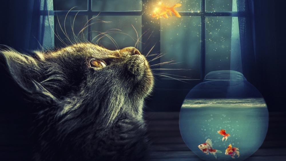 Magical Midnight Dreamscape with Enchanted Cat wallpaper