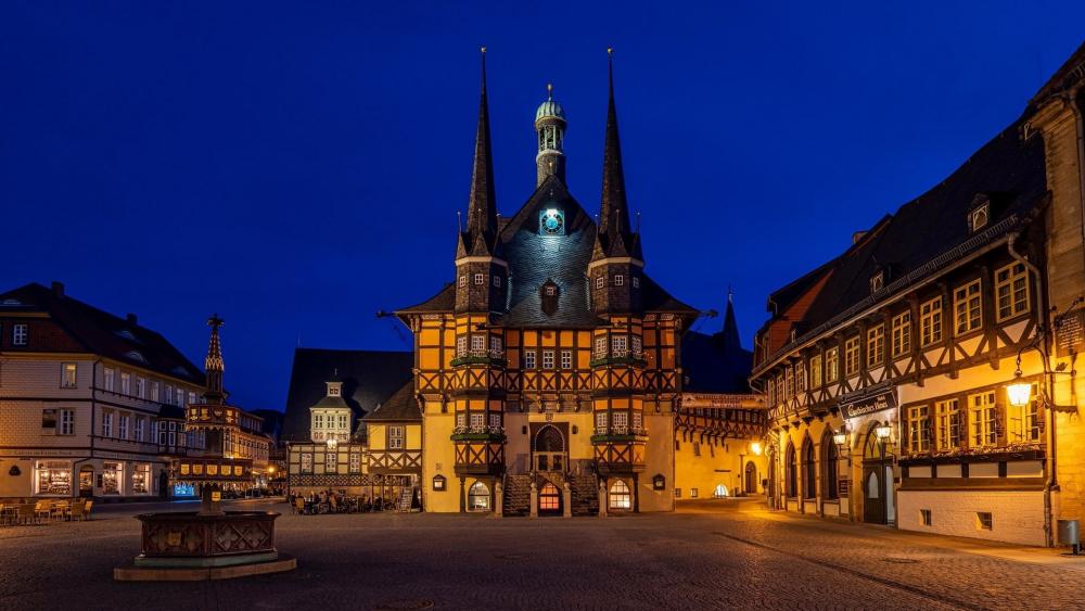 Gothic Charm in Wernigerode's Nightscape wallpaper