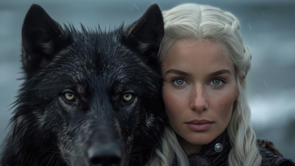 Enchanted Bond Between Woman and Wolf wallpaper