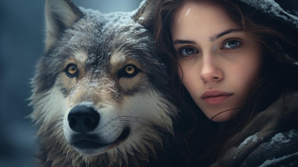 Mystical Bond Between Woman and Wolf wallpaper